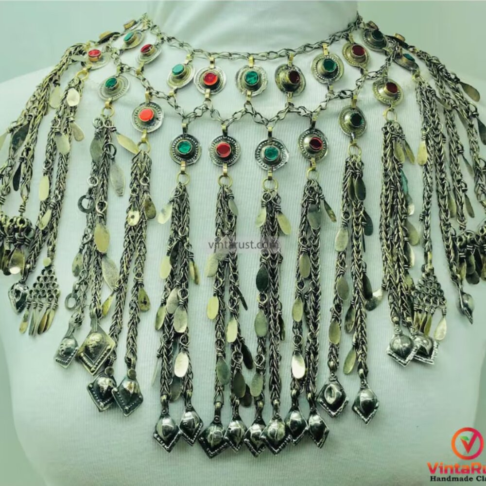 Afghan Kuchi Tribal Necklace, Gypsy Silver Multi-Layered Tassel Statement Jewlry - Picture 4 of 7